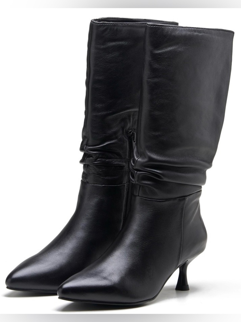 ALLONSI  Lucia Leather Kitten Heel Scrunch Boots Black Leather Size 7